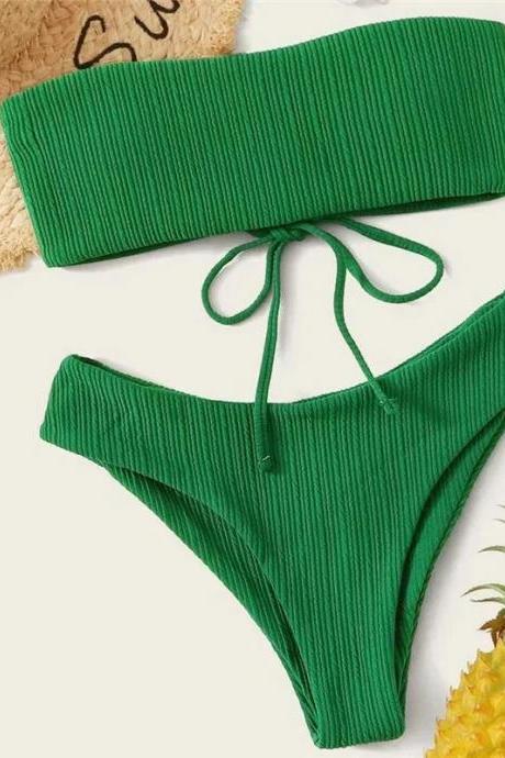 Womens Ribbed Green Halter Tie Bikini Swimwear Set