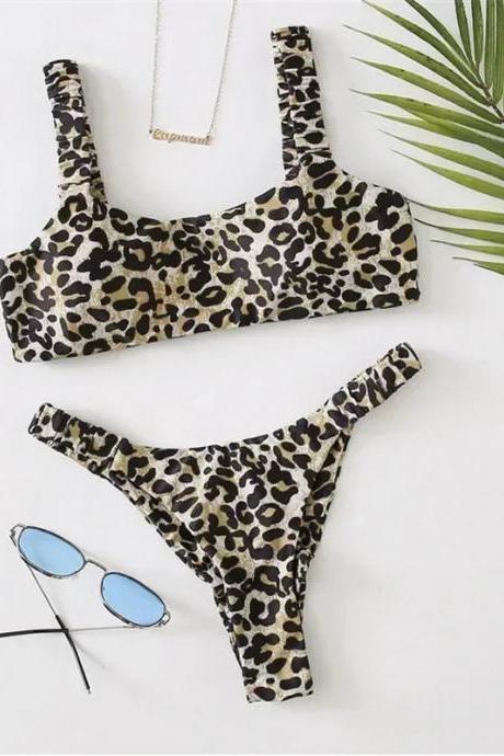 Leopard Print Bikini Set Womens High-waisted Swimwear
