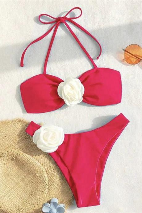 Womens Red Floral Bow Accent Bikini Swimwear Set