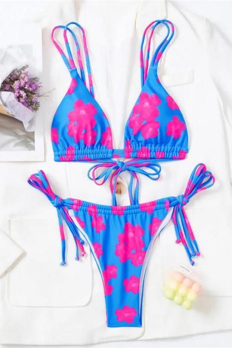 Floral Blue And Pink Bikini Swimwear Set For Women