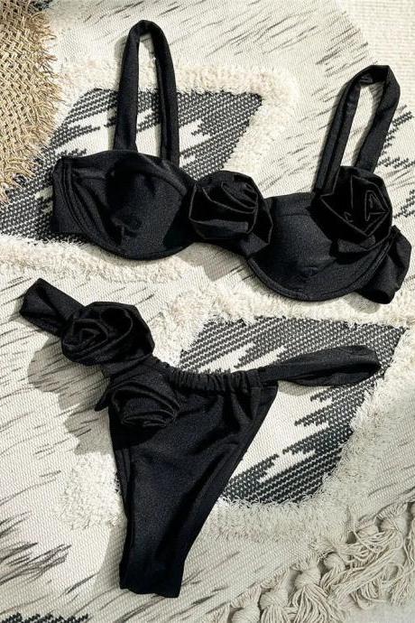 Chic Black Twist-front Bikini Top And Bottoms Set