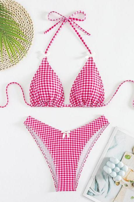 Womens Pink Gingham Halter Neck Bikini Set
