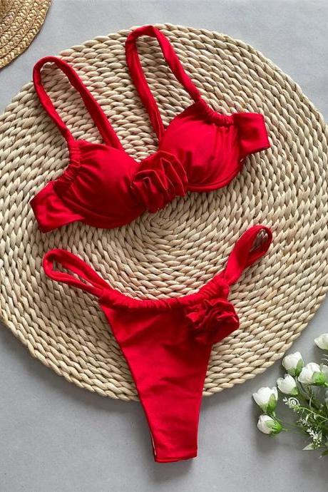 Womens Ruffled Red Bikini Set High-waisted Swimwear