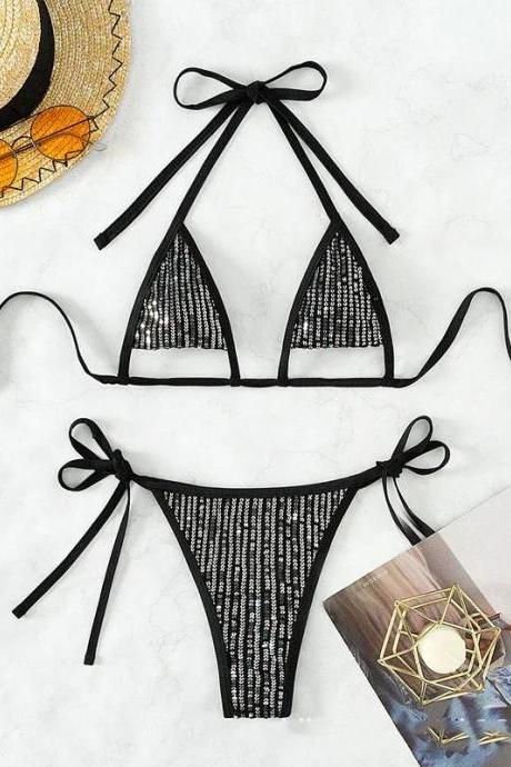 Womens Black Crochet Knit Halter Bikini Set Swimwear
