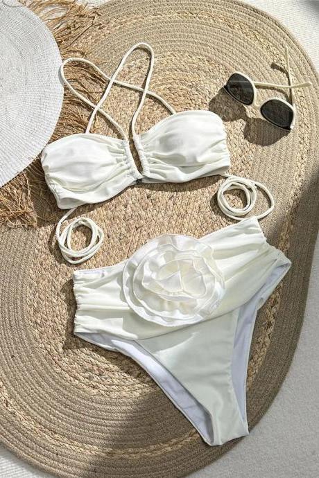 Chic White Bandeau Bikini Set With Floral Accents