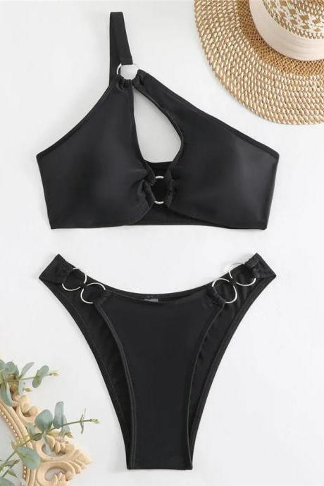 Chic Black Ring Detail Two-piece Swimsuit Set