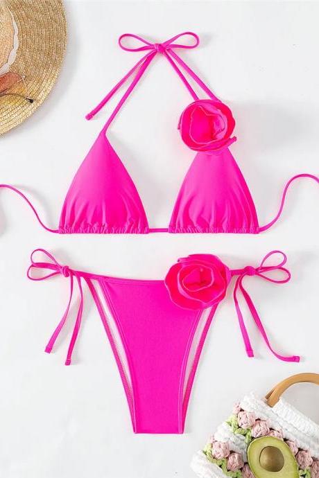 Womens Bright Pink Triangle Bikini Set With Rose Detail