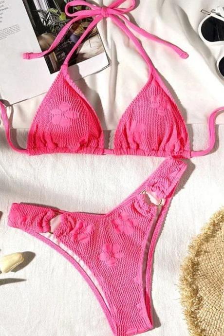 Womens Textured Pink Bikini Set With Floral Accents