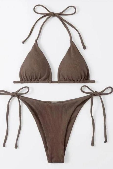 Womens Chocolate Brown Ribbed Tie-up Bikini Set