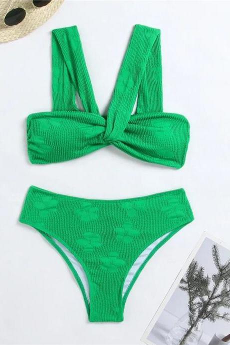 Womens Textured Knotted Top Bikini Set In Green
