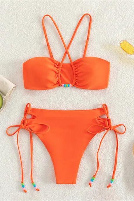 Womens High-waisted Bikini Set With Beaded Ties Orange