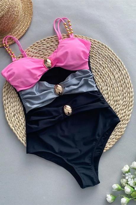 Womens Color Block One-piece Swimsuit With Beaded Accents