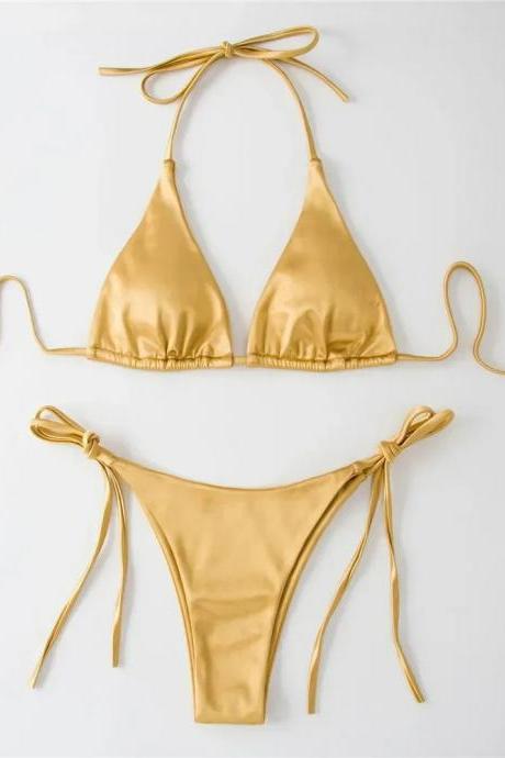 Womens Gold Satin Triangle Bikini Set With Ties