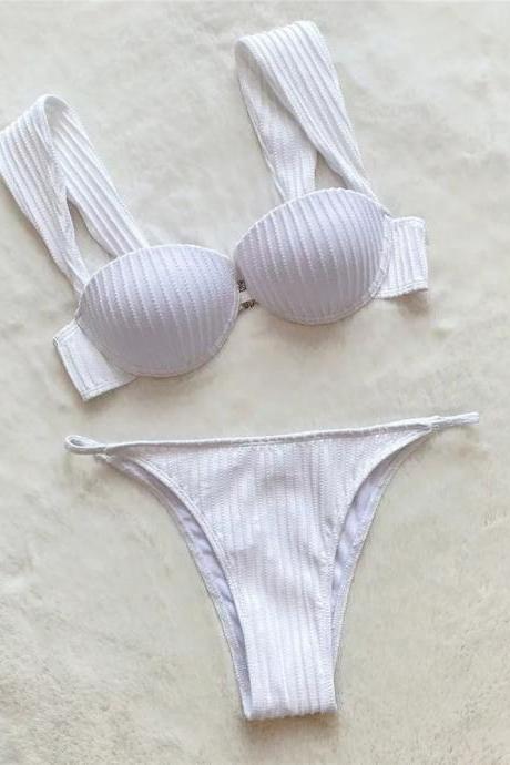 Ribbed White Textured Bikini Set Womens Swimwear Two-piece