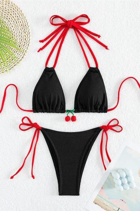 Womens Cherry Accent Black Bikini Set Swimwear
