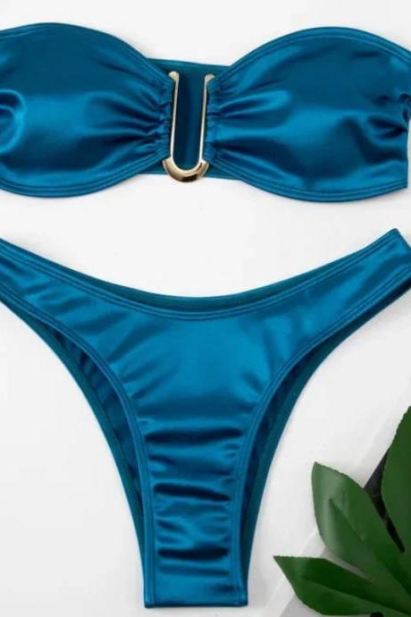 Chic Teal Bandeau Bikini Set With Gold-tone Hardware