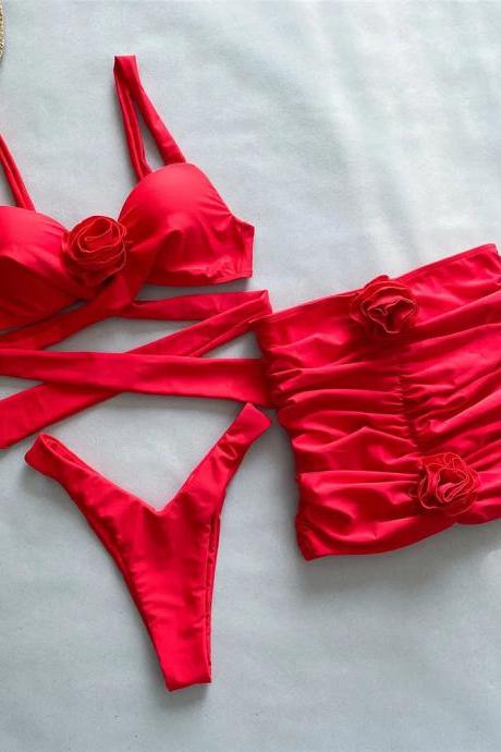 Womens Red High-waisted Bikini Set With Rose Accents