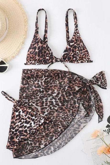 Leopard Print Bikini And Sarong Set With Straw Hat