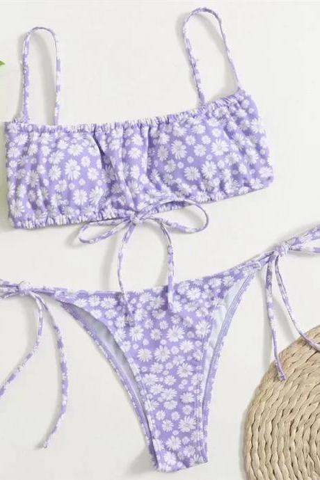 Womens Floral Tie-front Bikini Set In Lavender Print