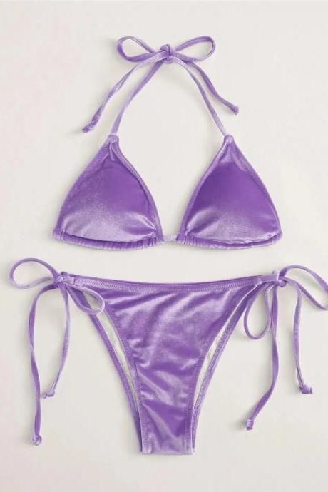 Womens Shiny Purple Bikini Set With Tie Sides