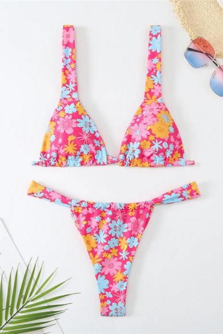 Womens Floral Print V-neck Bikini Swimwear Set