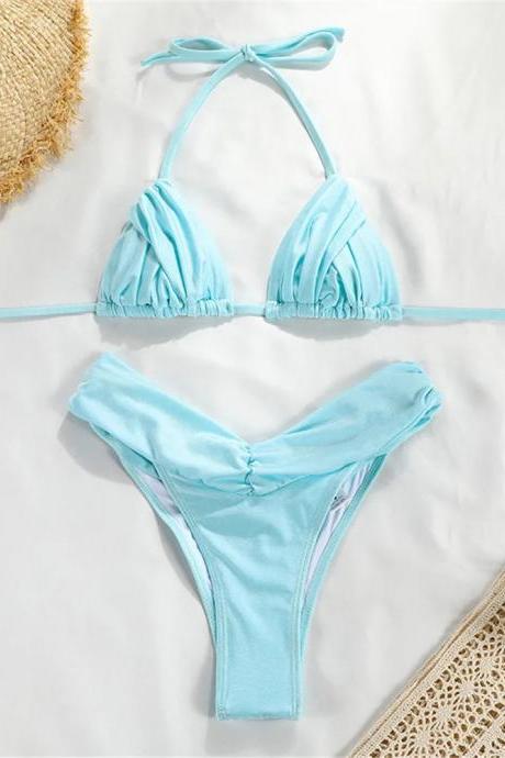 Womens Light Blue Bikini Set Ruched Adjustable Swimwear
