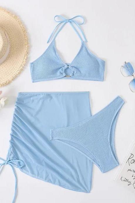 Womens Blue Tie-front Bikini Set With Matching Sarong