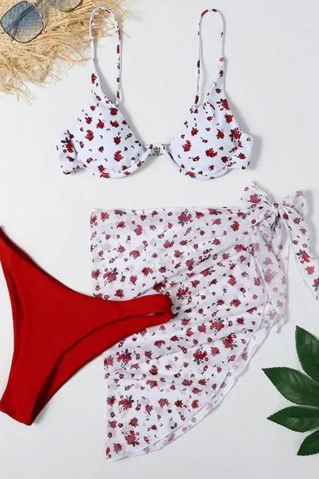 Womens Floral Print Bikini Set With Sarong Wrap