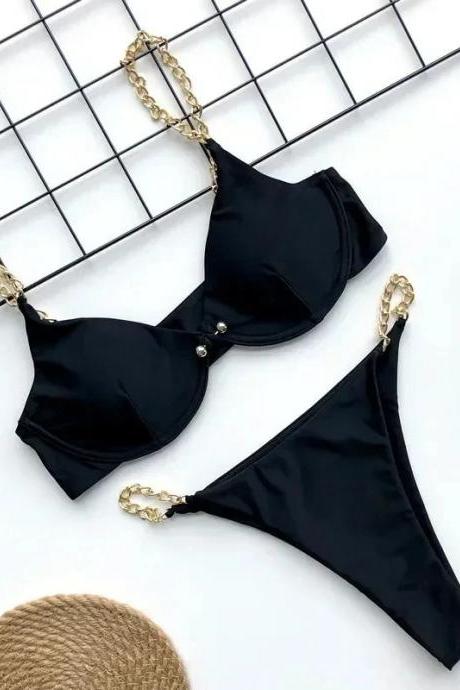 Elegant Black Bikini With Gold Chain Accents Swimwear