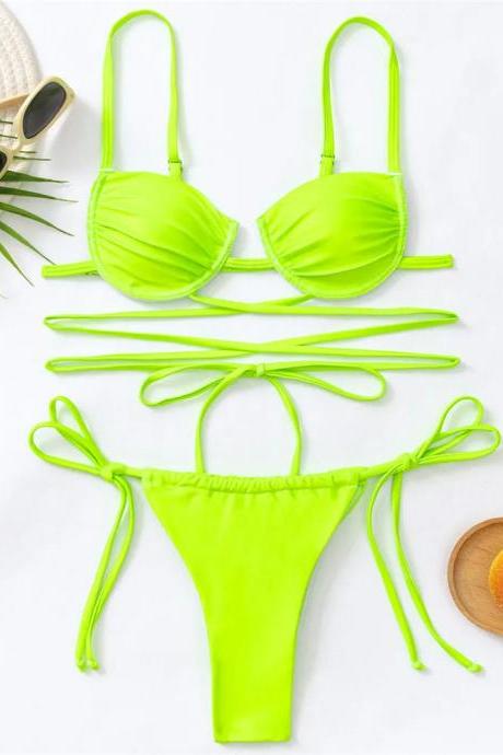 Womens Neon Green Bikini Set Strappy Swimwear Two-piece