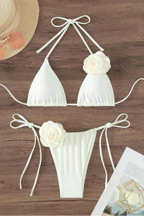 Womens Floral Accent White Bikini Swimwear Set