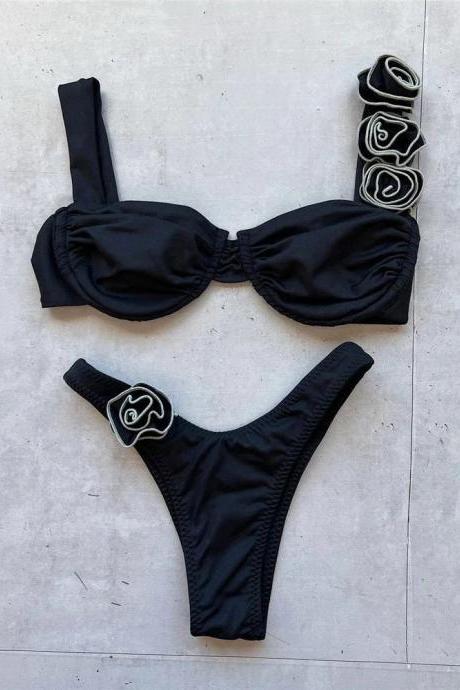 Womens Black Bandeau Bikini Set With Side Ties