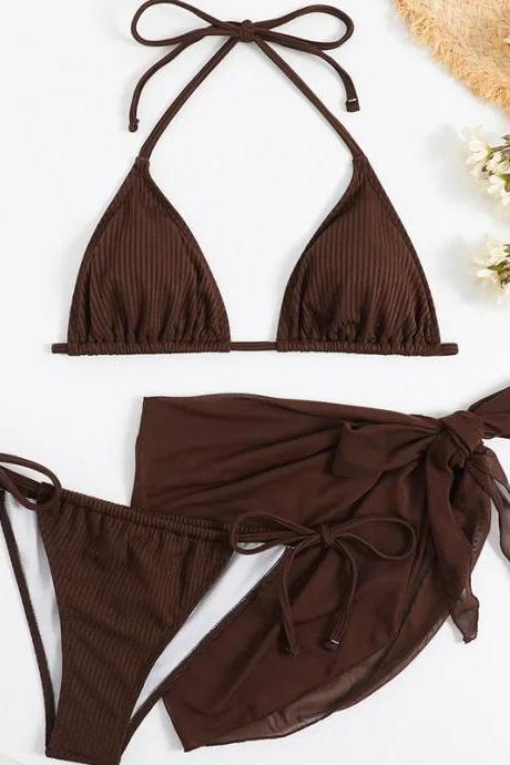 Womens Chocolate Ribbed Tie-front Bikini Swimwear Set