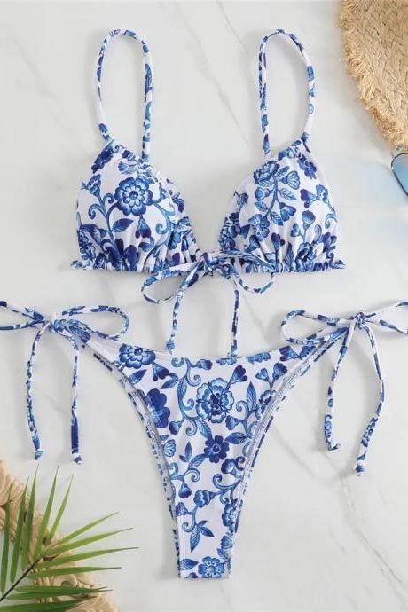 Womens Blue Floral Print Bikini Set Swimwear