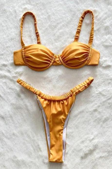 Womens Golden Two-piece Swimsuit Set With Ruffle Details