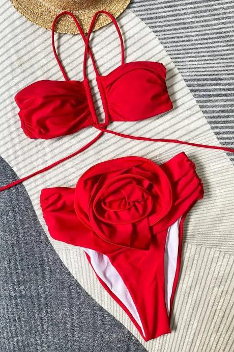 Womens Red Twist-front Bandeau Bikini Swimsuit Set
