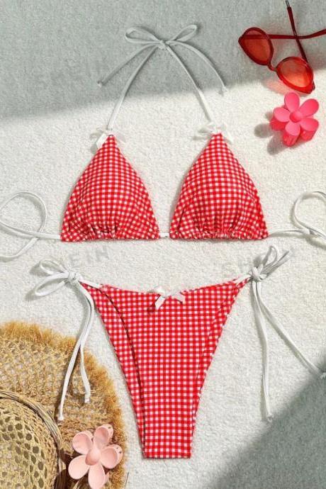 Womens Red Gingham Triangle Tie Bikini Set Swimwear