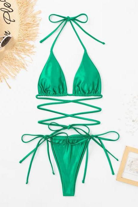 Womens Emerald Green Wrap Halter Bikini Swimsuit Set