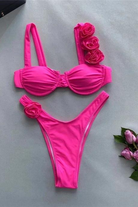 Womens Pink Rose Accent Bikini Swimwear Set Two-piece
