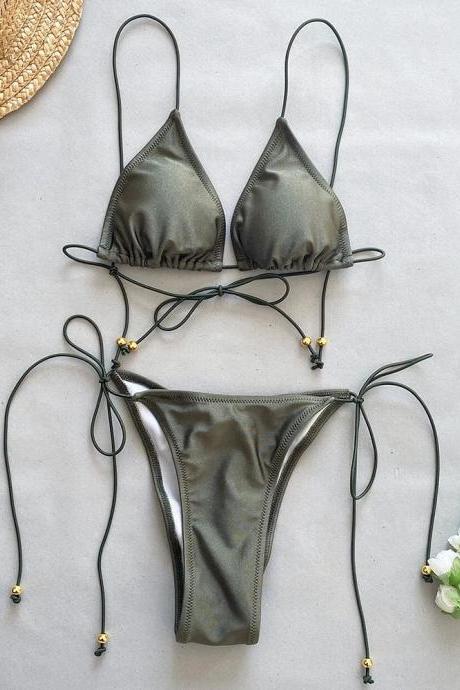 Womens Tie-side Bikini Set With Gold Bead Accents