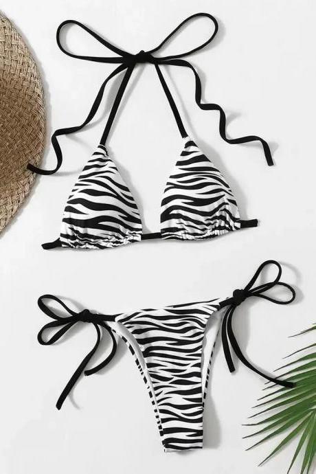 Womens Zebra Print Triangle Tie Bikini Swimwear Set