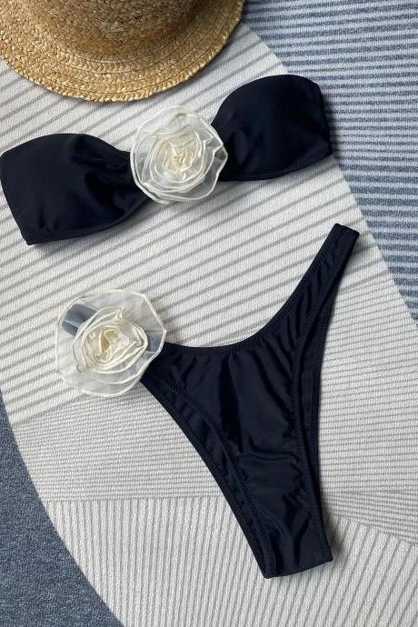 Chic Black Bandeau Bikini Set With Transparent Accents