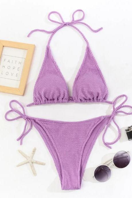 Ribbed Lilac Tie-up Bikini Swimwear Set Womens