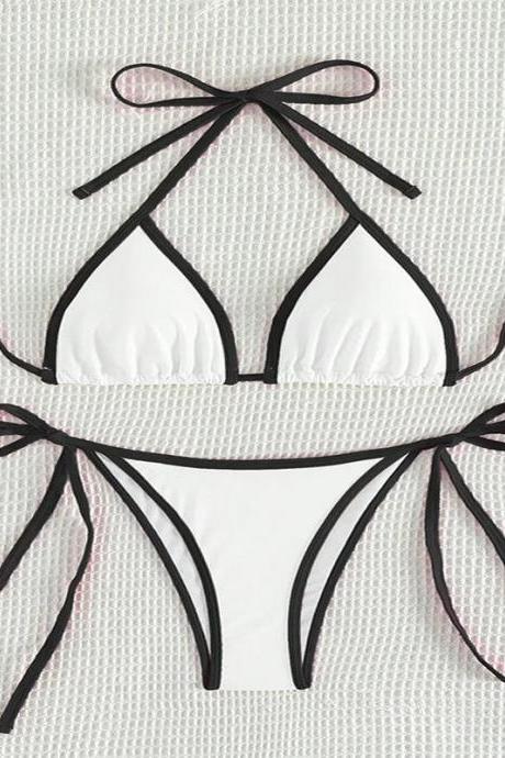 Womens Tie-front White Bikini Set With Black Trim