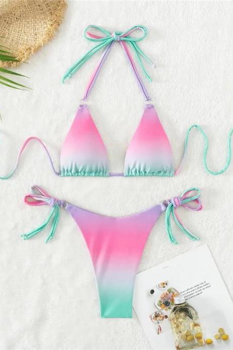 Womens Tie-dye Triangle Bikini Set With Adjustable Straps