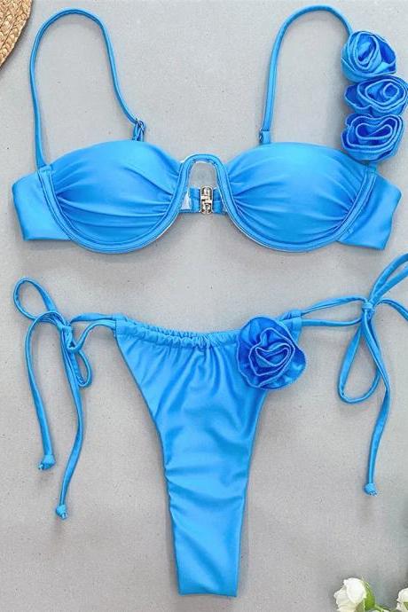 Womens Blue Underwire Bikini Set With Side Ties