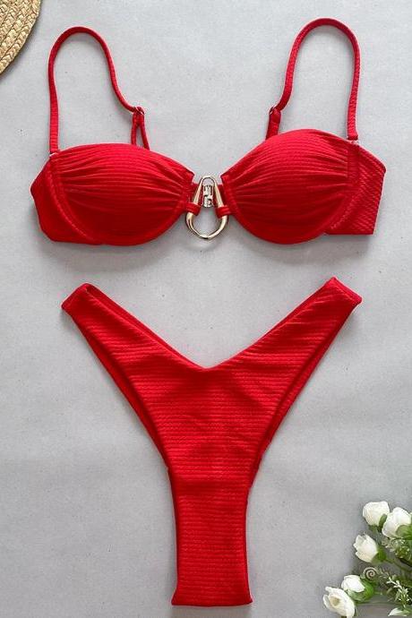 Womens Red Textured Bikini Set With Metal Ring Detail