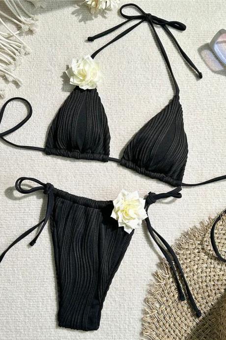 Womens Ribbed Black Bikini Set With Tie Closures