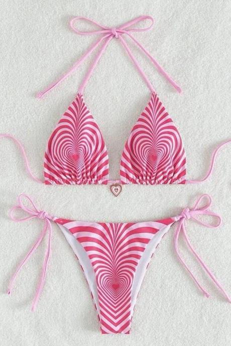 Womens Pink Striped Halter Neck Bikini Swimwear Set