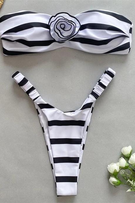 Black And White Striped Bandeau Bikini Set Swimsuit